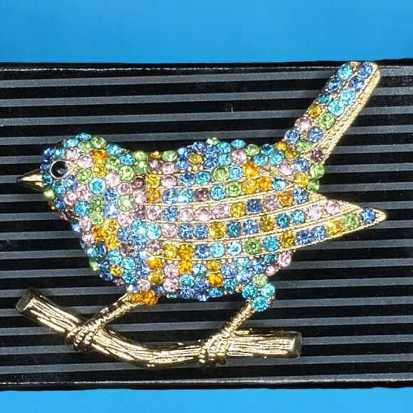 Colorful Rhinestone Bird Brooch Pin • Sparkling Rainbow Crystal Bird on Branch • - Picture 3 of 5